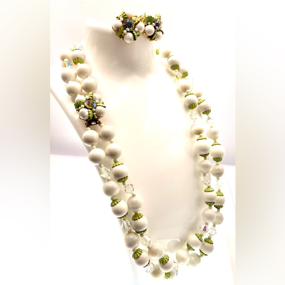 Vintage MCM Double Strand Acrylic Bead Faceted Crystals Necklace with Earrings - Picture 7 of 13